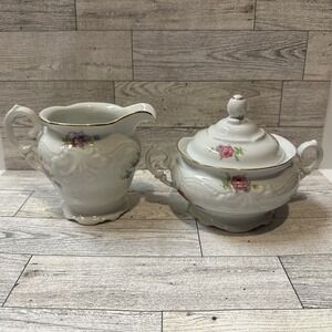 WAWEL China Meissen Floral Gold Rimmed Creamer 5x4" & Sugar Bowl 7x5" Poland